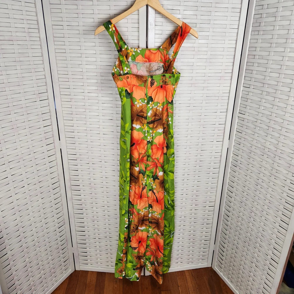 Vintage Pomare Hawaii Womens Sz 6 Green  Floral Straps Maxi Dress Tropical Beach